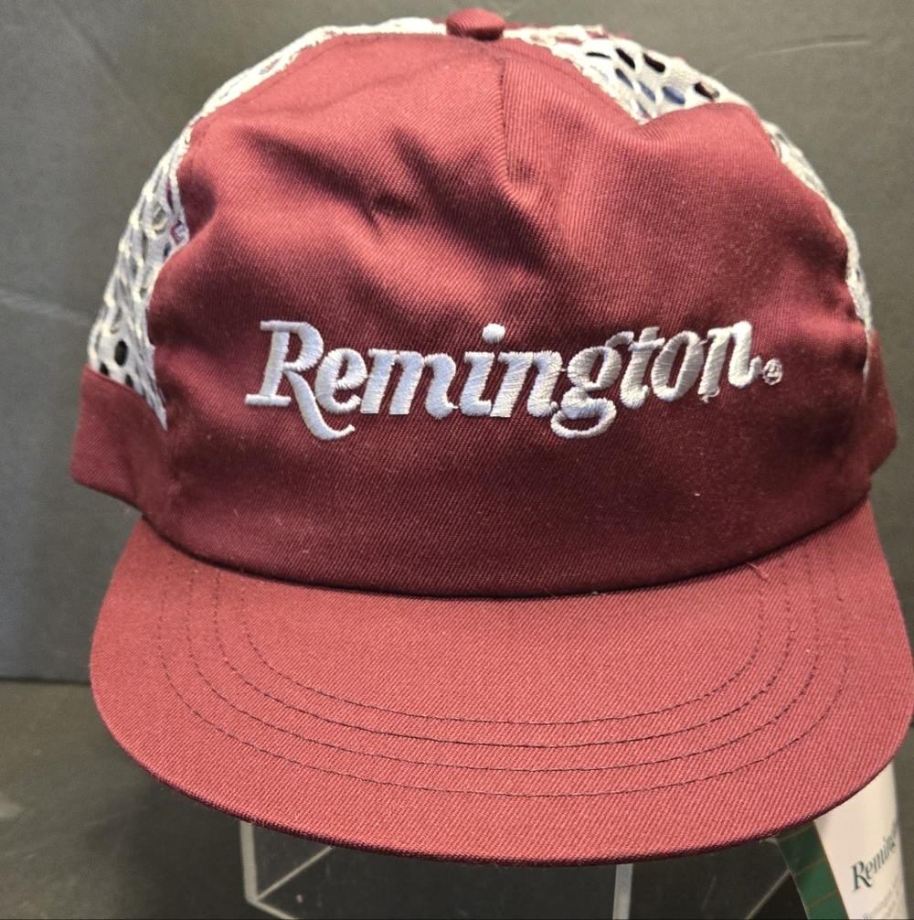 VTG Remington Firearm Burgundy Meshback Hat Cap Buckle Strap Blue Rocks NWT OSFM